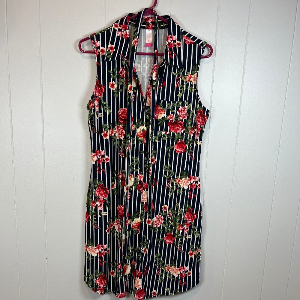 Cottagecore Navy Stripe Floral Sleeveless Dress Tie Belt sz L 11/13 Travel